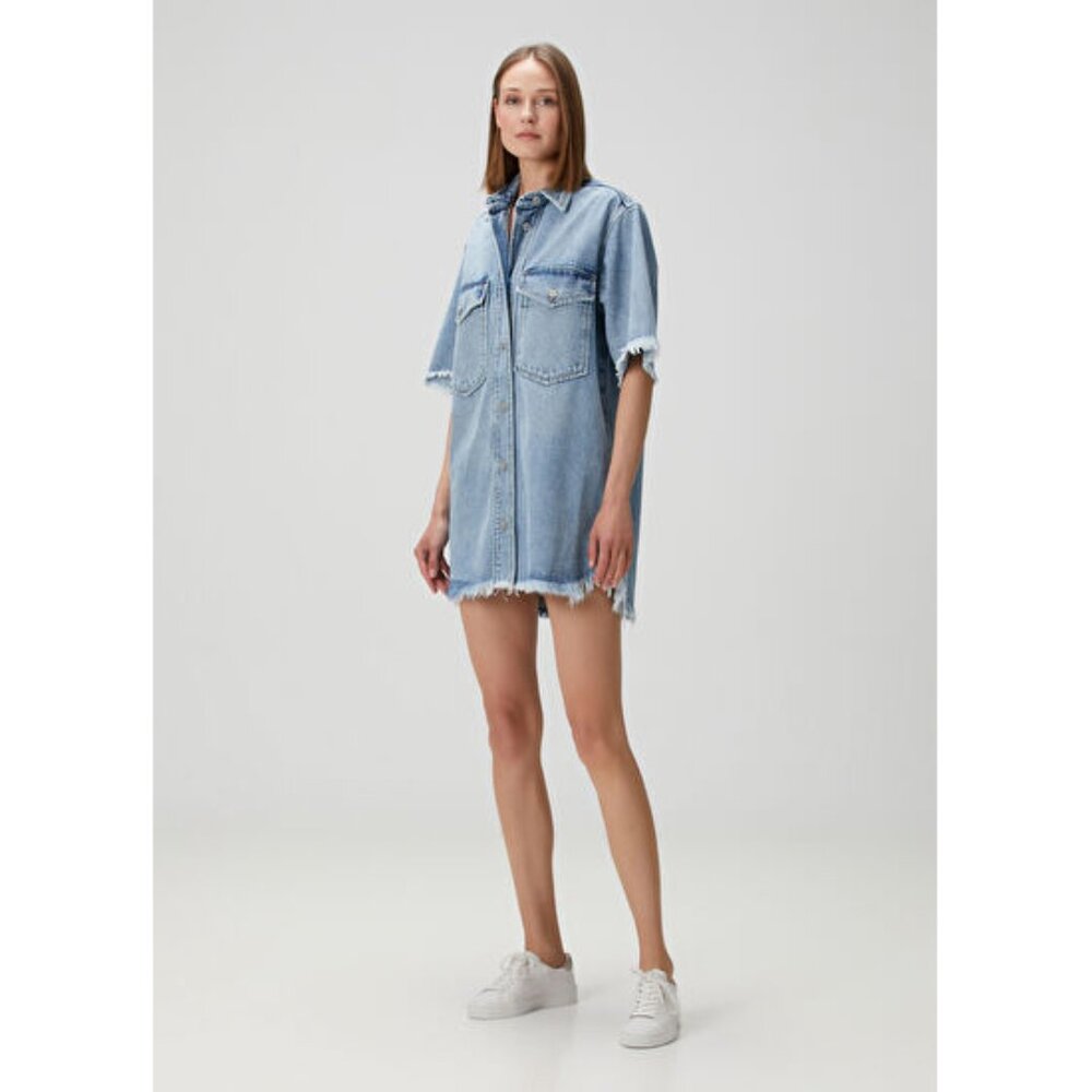 AllSaints Faye Frayed Short Sleeve Mini Denim Dress Jean Raw Edge Button Up - Picture 14 of 14